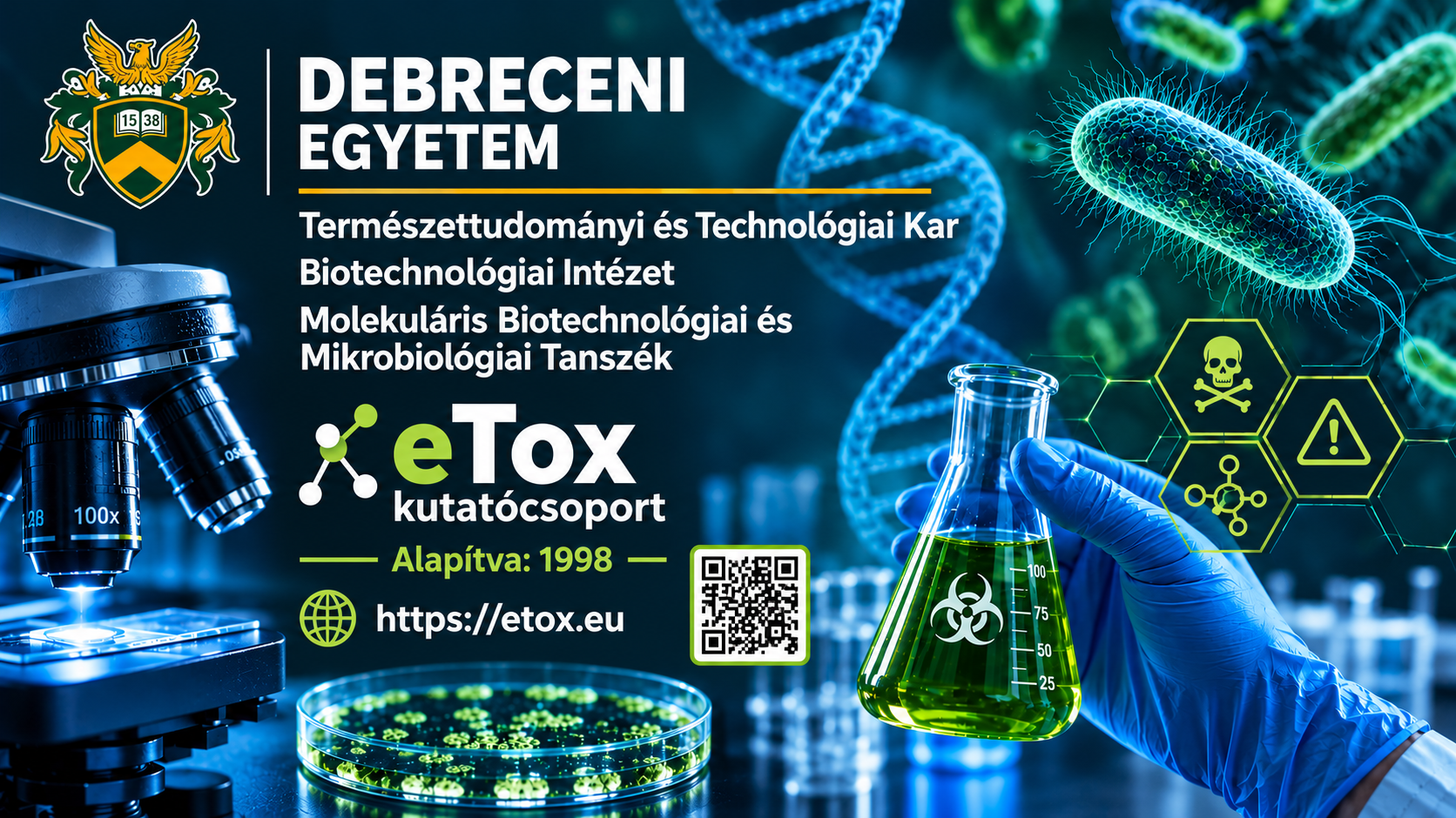 A Debreceni Egyetem eTox kutatócsoportjának bemutatkozó képe az intézményi adatokkal és QR-kóddal